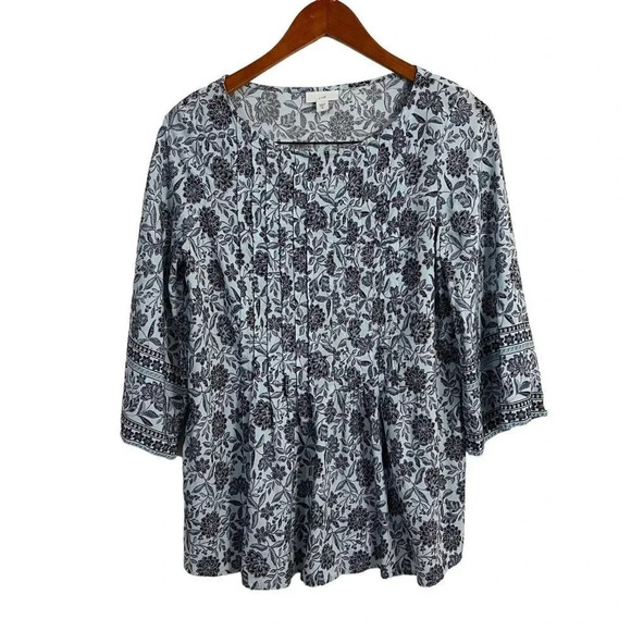 J. Jill Blue Purple Floral Pleated Womens Blouse XS 3/4 Sleeves Casual Office - Picture 1 of 6